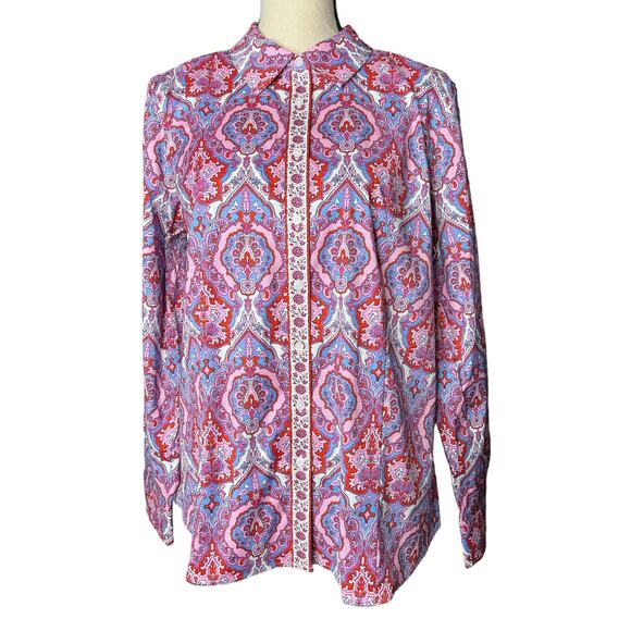 NEW Talbots Non-Iron Perfect Shirt Whimsical Medallion in Blue Purple Size 14 - Picture 1 of 7